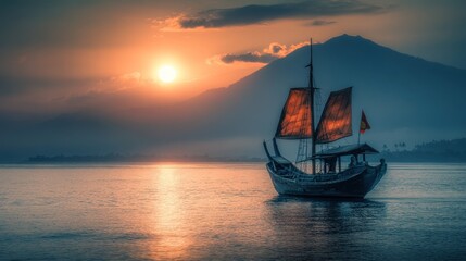 Fototapeta premium A traditional sailboat is silhouetted against a stunning sunrise over a calm ocean with a mountain in the background.