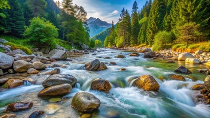 Beautiful alpine stream with fast flow and stones, Alpine, stream, water, fast flow, stones, shallow, nature, scenic, landscape