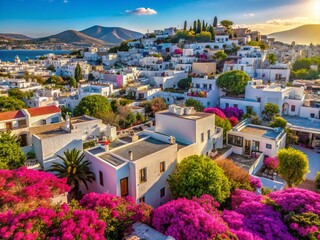 Fototapeta premium Aerial View of Bodrum's Traditional Aegean White Houses with Bougainvillea Blooms