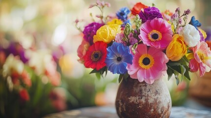 A vibrant bouquet of colorful flowers in a rustic vase.