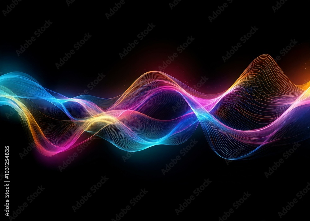 Poster abstract neon lines flow across a black background.