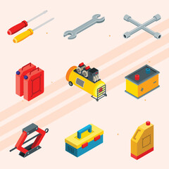 Isometric icons set depicting various car repair activities.