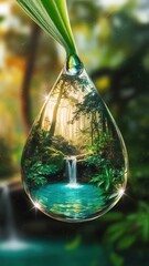 Water droplet is suspended in a glass with a waterfall in the background