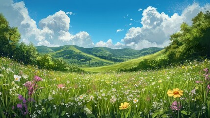 Fototapeta premium A vibrant meadow with wildflowers and rolling hills.