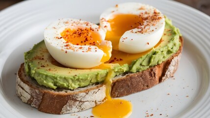 a multigrain bread slice topped with creamy avocado, a soft-boiled egg, and a sprinkle of red pepper flakes