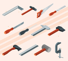 Isometric icons representing carpentry tools and woodworking activities.