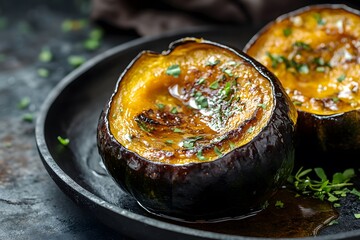 Golden roasted acorn squash halves drizzled with honey and herbs on a rustic platter