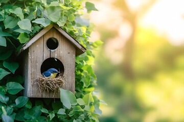 A bluebird nesting in a charming birdhouse surrounded by greenery and a peaceful landscape