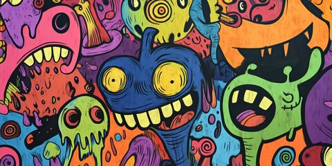 Obraz premium Colorful cartoon monsters painted on wood.