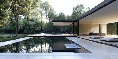 Modern house with pool and patio reflecting trees.