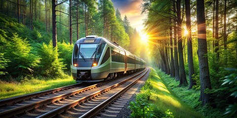 Fototapeta premium Aerial View of Commuter Train in Lush Forest Landscape - Stunning Architectural Photography