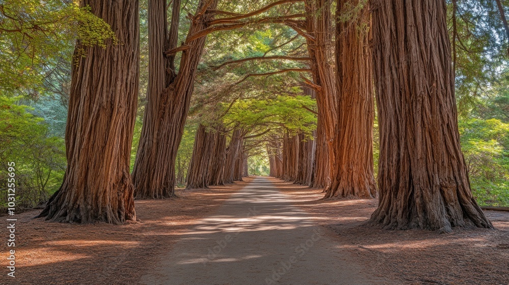 Poster a gravel path winds through a majestic grove of tall, towering trees with their branches forming a l