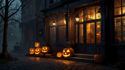 storefront view decorated for Halloween at the night