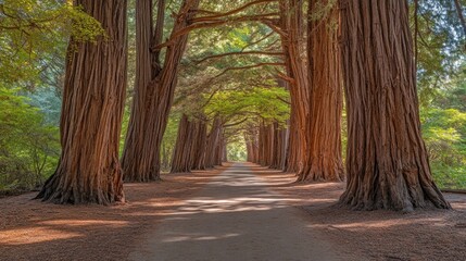 A gravel path winds through a majestic grove of tall, towering trees with their branches forming a leafy canopy overhead, creating a tunnel of green.