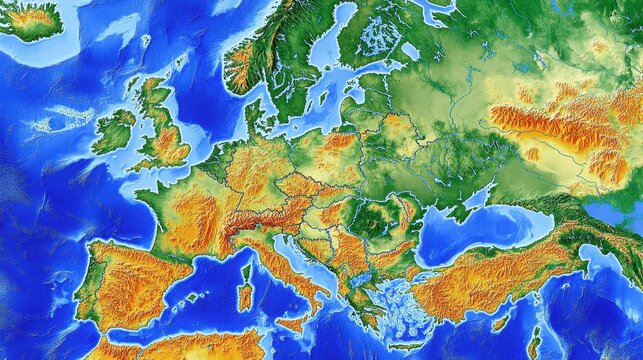 Detailed Relief Map of Europe with Topographical Features