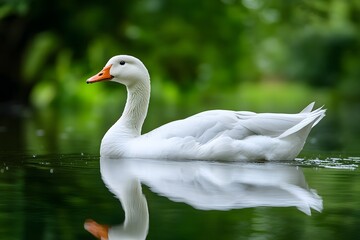 Obraz premium A graceful goose swimming in a serene pond with reflections on the water, surrounded by lush greenery