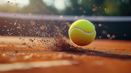 A tennis ball is flying across the court, splashing water on it