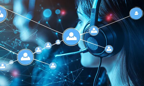 Customer Service Representative with Headset, Connected to Network