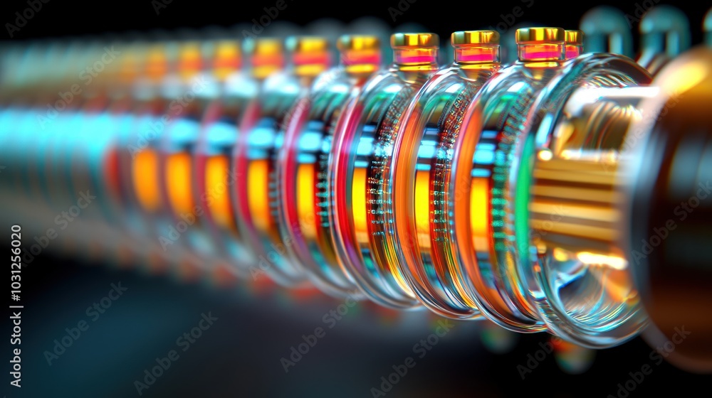 Poster a futuristic array of glowing cylindrical devices in a row.