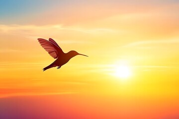 A silhouette of a hummingbird flying against the backdrop of a colorful sunset