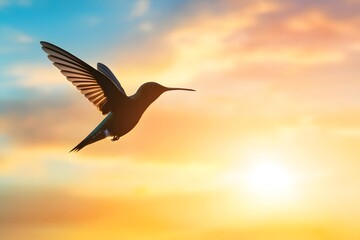 Fototapeta premium A silhouette of a hummingbird flying against the backdrop of a colorful sunset