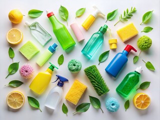 Aerial View of Eco-Friendly Cleaning Products Isolated on White Background for Home Care and Sustainability