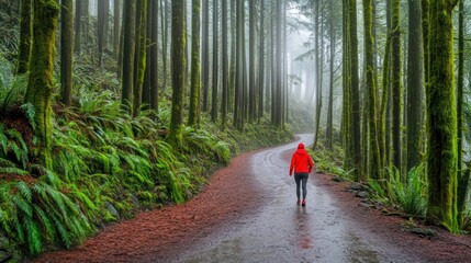 Obraz premium A solitary hiker walks along a winding path through a misty forest, surrounded by towering trees and lush greenery.