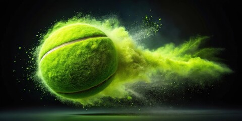 Freeze motion shot of flying tennis ball with light green powder , sport, tennis, motion, freeze, action, movement, ball