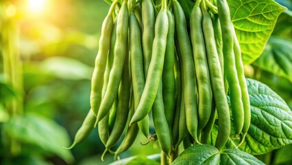 Fototapeta premium Fresh green cluster beans on plant in garden, vegetables, guar beans, organic, agriculture, farming, fresh, green, plant