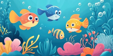 Four cartoon fish swim in underwater scene.