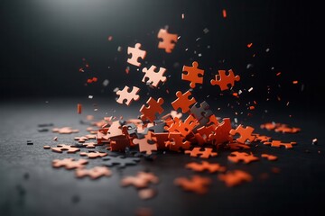 Dispersed orange puzzle pieces create a dynamic composition against a dark background, evoking a sense of movement and intrigue.