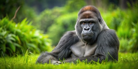Naklejka premium A majestic silverback gorilla peacefully resting in a lush meadow , silverback gorilla, wildlife, nature, animal, primate, ape