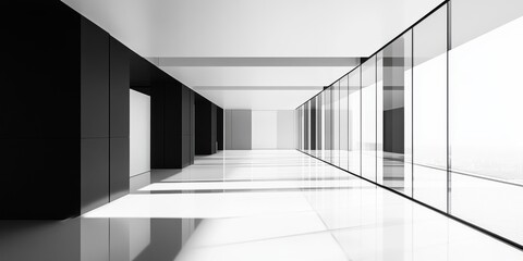 Modern hallway with glass walls and black paneling.