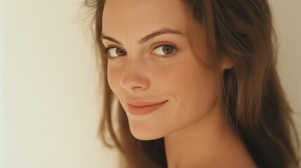 Naklejka premium the image features a close-up of a woman with smiling face and brown medium hair