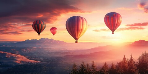 Obraz premium Hot air balloons ascend over a mountain range at sunrise.