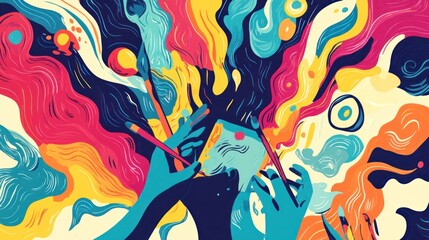 Art therapy vector illustration, depicting a person painting and creating art as a form of relaxation, colorful and expressive