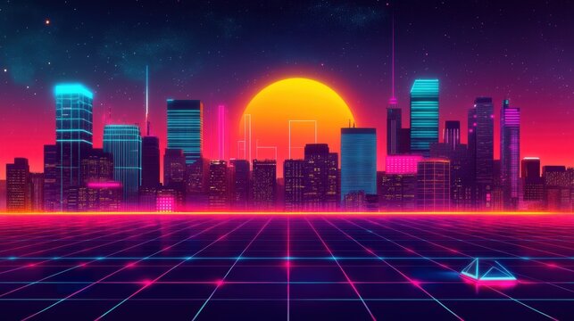 Neon-lit cityscape with a glowing grid.