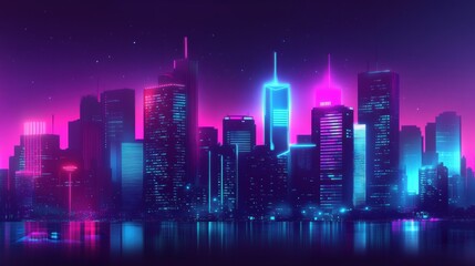 Neon city skyline reflecting in water.