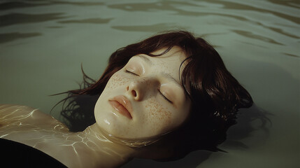 the image features a close-up of a woman with sleeping face and brown medium hair, floating in water