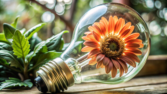 light bulb and flower. isolated, white, light, flower, bulb, energy, electricity, lamp, plug, metal, object, electric, spark, nature, power, screw, flowers, red, gerbera, lightbulb, car, green, daisy,
