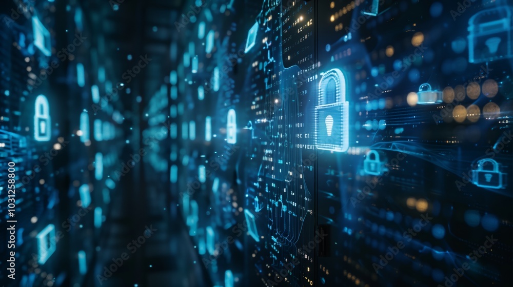 Poster digital background featuring digital padlock symbols on data center screens, creating an atmosphere 