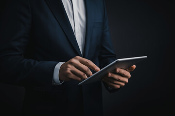 A businessman in a suit holding an iPad, isolated against a black background