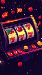 Classic slot machine illustration in a vector style, with shiny symbols like sevens, cherries, and bar icons spinning
