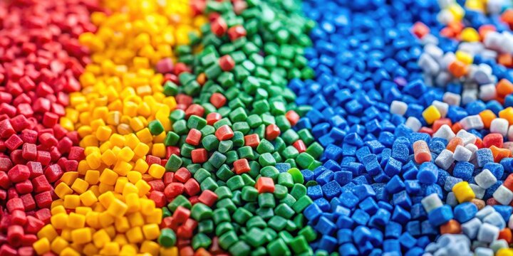Closeup top view of colorful mixed plastic polypropylene granules, masterbatch polymer grain, plastic, polypropylene, granules