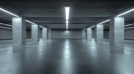 Obraz premium Modern underground parking lot with a white painted floor, LED lighting