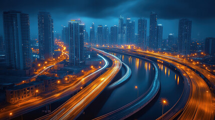 Fototapeta premium Highway, cityscape, river, bridge, street lights, skyscrapers, aerial view, urban landscape, evening light