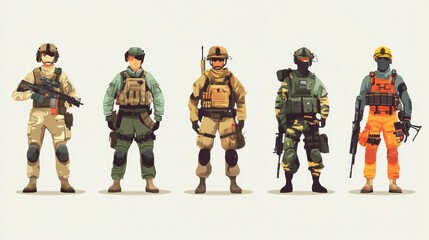 Naklejka premium Defense force vector set, showcasing characters from various branches of the military, colorful and lively illustrations