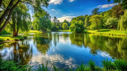 Tranquil lake surrounded by greenery in a serene park setting, park, lake, water, reflection, serene, peaceful, nature