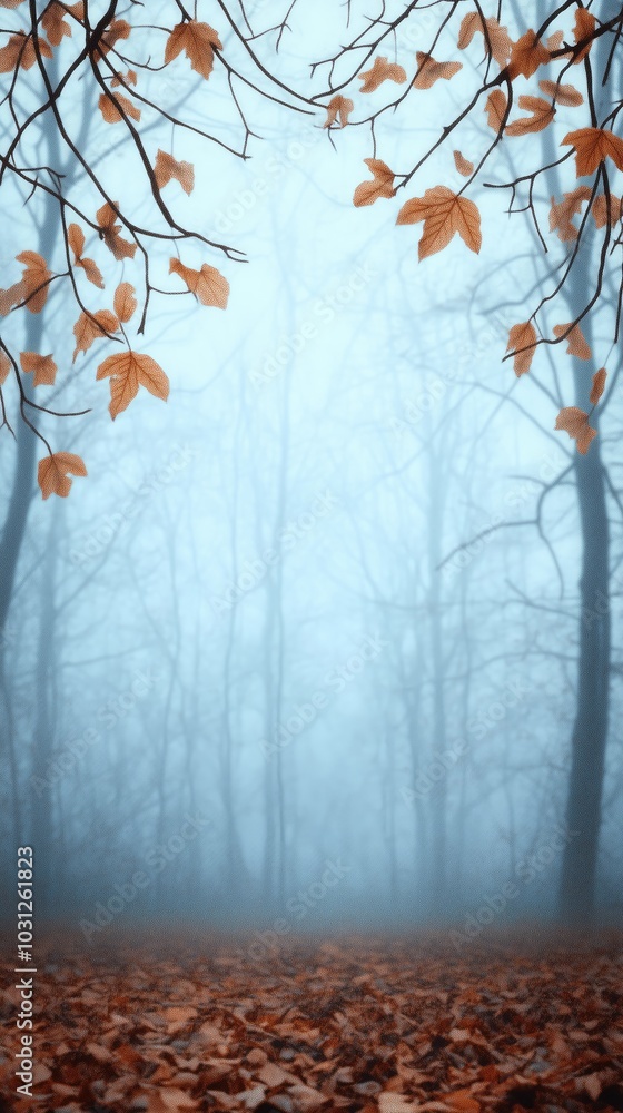 Poster misty forest scene with bare trees and fallen orange leaves captures tranquil atmosphere with soft b