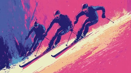 Downhill skiing race vector, showing skiers racing down steep slopes, dynamic and vibrant